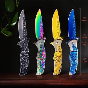 Couteau d'autodéfense de style mode, en acier inoxydable, avec crâne 3D en relief, finition titane, lame à pointe crantée, longueur totale 20,5 cm - Product Image 3