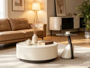 Modern <b>Round</b> Coffee <b>Table</b> With Storage <b>White</b> Resin Top Metal Frame Living Room Furniture Minimalist Design - Product Image 6