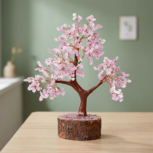 Arbre en cristal de quartz rose fait main avec base en bois, pierre précieuse naturelle, décoration de guérison pour la maison et le bureau - Product Image 1
