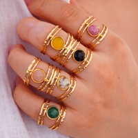 Nieuwe Europese Amerikaanse Hot Sale Kleurrijke Natuurlijke Steen Ronde RVS 14k Gouden Unisex Trendy Open Ring