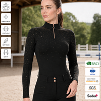 Haut d'équitation noir pour femme à manches longues, demi-zip, strass or rose, en polyester écologique, respirant et anti-humidité