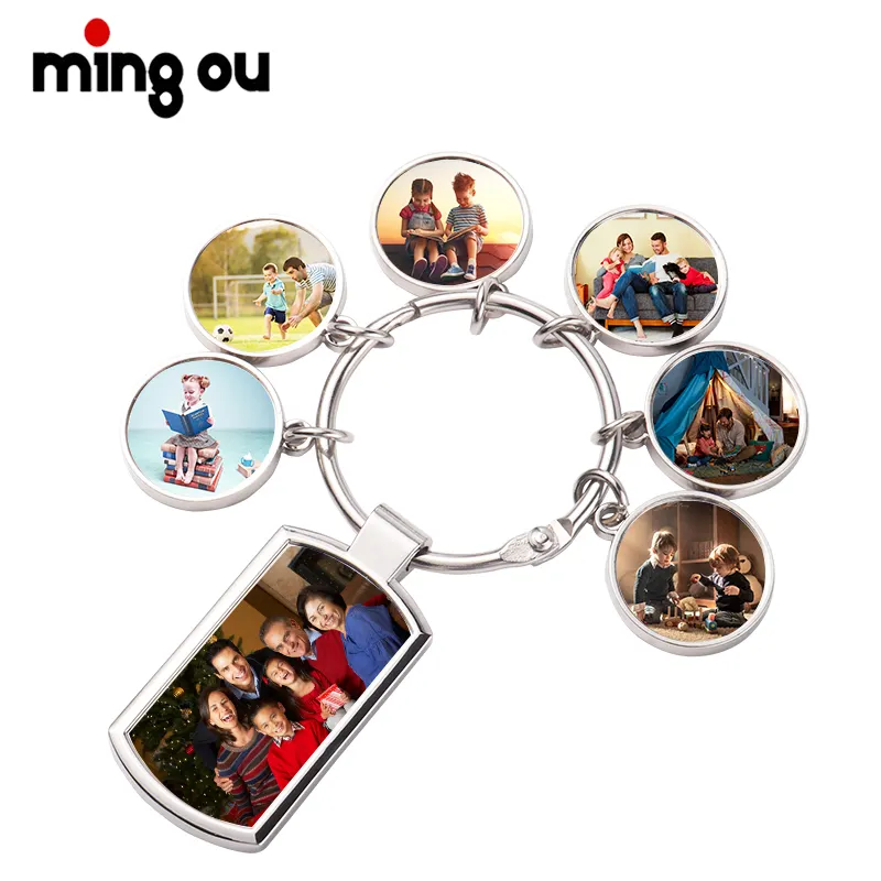 New Design 6 Charms Set Keychains Sublimation Blank Metal Key chain DIY Photo Keychains with 6 Round Tag