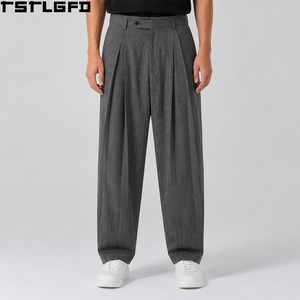 Custom <b>Pinstripe</b> Wool Pants <b>Men</b> Charcoal Grey High Waisted Double Pleat Wide Leg Smart Tailored Dress <b>Trousers</b> Wholesale Bulk - Product Image 1