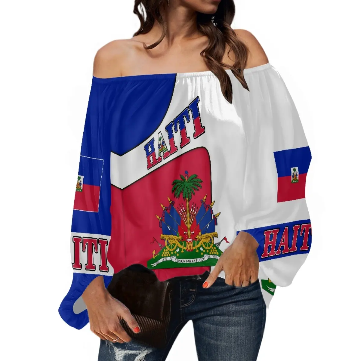 Hete Dames Kleding One-Shoulder Chiffon Stof Haitianus Design Damesblouse Lange Mouw Custom T-Shirt Bedrukking