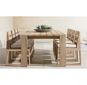 Conjunto de mesas de jantar de madeira de teca com 6 pernas rasgadas e cadeiras modernas para jardim ao ar livre