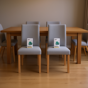 Set di 2 sedie da pranzo in tessuto grigio chiaro con gambe in legno di gomma, stile classico, mobili moderni imbottiti per la casa - Product Image 2