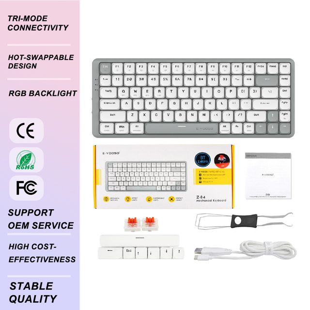 Support Customization 84 Key Single Light Backlit Wired+2.4G+BT RGB Hot Swappable Lower Profile Mechanical Gaming Keyboard