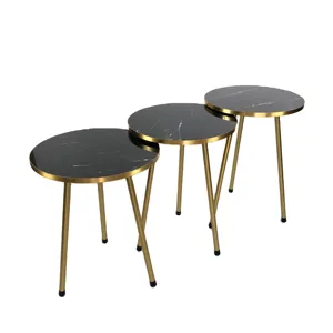 Ensemble de 3 tables d'appoint gigognes en marbre noir et or à haute brillance Ensemble de tables basses Table d'appoint ronde en bois empilable avec pieds