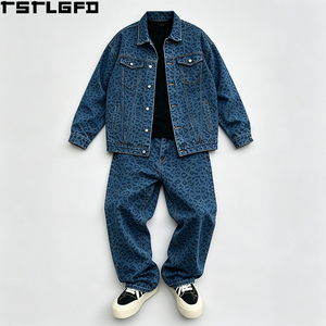Cut And <b>Sew</b> Leopard Print Denim <b>Set</b> Heavyweight Vintage Wash Baggy Streetwear Two Piece Jacket Pants Wholesale Bulk - Product Image 2