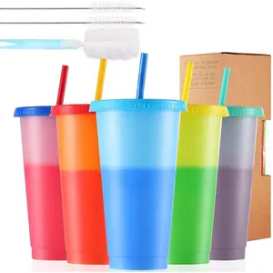Экологичная пластиковая меняющая цвет чашка с крышкой и соломинкой, 24 унции, 700 мл