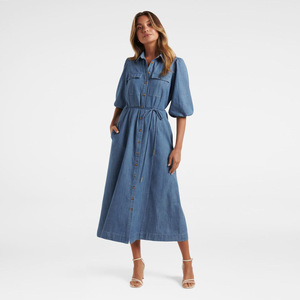 Vestidos Largos de Mezclilla para <span class=keywords><strong>Mujer</strong></span>, Estilo Casual de <span class=keywords><strong>Verano</strong></span>, con Mangas Abullonadas de Algodón, Bolsillos Laterales y Solapa - Product Image 1