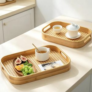 Ensemble de plateaux de service en bambou rouge érable, 3 pièces, rectangulaires, avec poignées, pour fruits, thé, café, rangement, cuisine, salle à manger, plateau décoratif - Product Image 2
