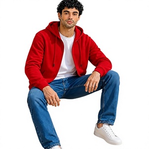 Sweat-shirt à capuche zippé rouge pour homme, coupe classique, couleur unie, décontracté, pour l'automne, 100% coton tissé, écologique, respirant - Product Image 5