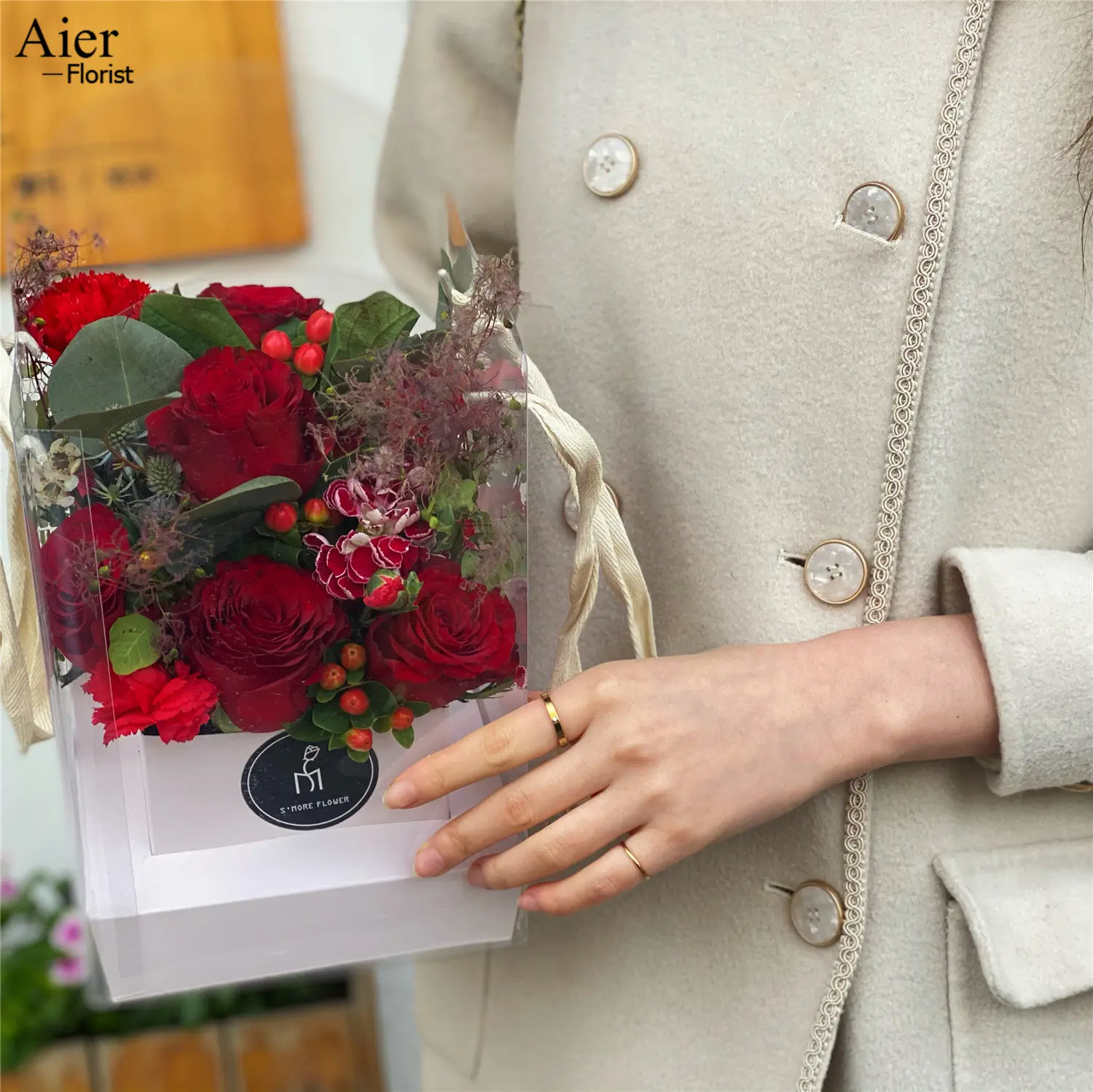 Aier florist Valentinstag Panorama Rose Transparenter Griff Blumen kasten Arrangement Blumen korb Kuchen Box Verpackung