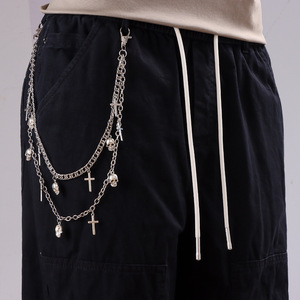 Double Layer <b>Skull</b> Cross Pants Chain Tibetan Silver Hip Hop Waist Chain For Daily Wear - Product Image 2