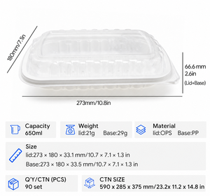 Lonchera Desechable con Tapa de 650 ml, Contenedor de Alimentos de Plástico Rectangular, Caja de Empaque para Comida para Llevar, Ensaladas y Comidas Preparadas - Product Image 2