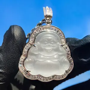 Colar de pingente de buda, hip hop gelado claro cúbico zircônia buda bagueta cz pedra jade buda