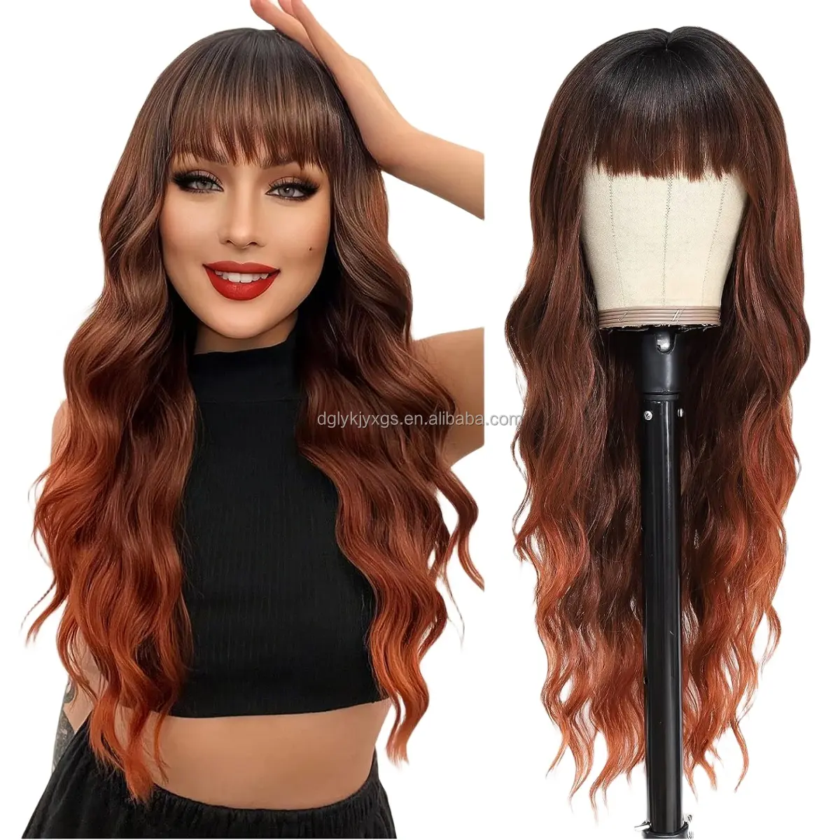 Bangs Wavy Curly Wigs perruque vague d'eau Noir Brun Blonde Auburn Résistant À La Chaleur Perruques En Fibres Synthétiques vêtements quotidiens femmes cheveux