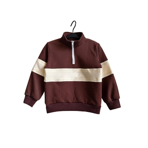 <span class=keywords><strong>Sweat</strong></span>-shirt à demi-zip en molleton français beige rayé doux pour garçon avec logo brodé personnalisé - Product Image 4
