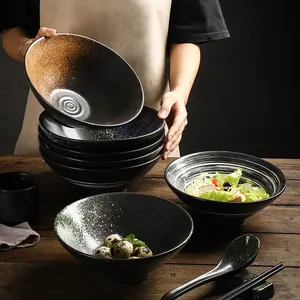 Wholesale Custom Printed Wholesale Ceramic Porcelain Japanese Black White 9 Inch Pottery Serving Bowl Ramen Noodle Bowl Set