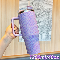 Thermos de voiture 40oz haut de gamme, incrusté de diamants, avec poignée, grande capacité, résistant à la glace, en acier inoxydable, isolé sous vide, avec paille