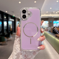 Coque transparente anti-jaunissement pour iPhone 17 Pro Max 16 15 14 avec anneau magnétique métallique pour objectif, pare-chocs électroplaqué et couleurs contrastées