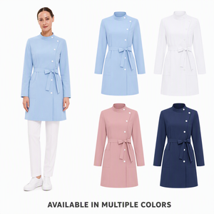 Bata Médica Personalizada para Mujer con Cuello Mandarín, Manga Larga, Cinturón, Uniforme de Enfermera, Túnica para Clínica Estética y Hospital, Logotipo OEM - Product Image 1