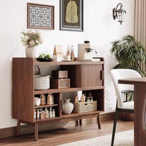 SENYU Modern Solid <b>Wood</b> Side <b>Cabinet</b> with Open Storage & Slatted Sliding Doors Mid-Century Accent <b>Cabinet</b> <b>for</b> <b>Living</b> <b>Room</b> OEM/OD - Product Image 6