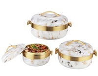 Lot de 3 récipients alimentaires isothermes avec couvercle verrouillable, 1L, 2L, 3.5L, intérieur en acier inoxydable, bande dorée large, design marbre, pour service buffet