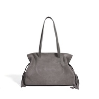 Sac fourre-tout en cuir suédé véritable pour femme avec pompon décoratif, sac à main de shopping en suédé de vache véritable pour femme