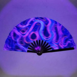 13 Inch UV Glow Women/Men <b>Folding</b> Rave Fan Holographic Bamboo Clack Hand Fan for Festival Music Party Wedding Decorations - Product Image 3