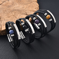 Bracelet en cuir tressé avec pierres turquoise et lapis-lazuli, en acier inoxydable, multicolore, pour homme, idéal pour un anniversaire