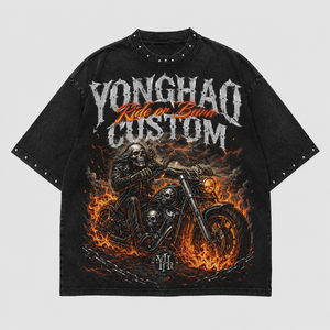 T-shirt Oversize da Uomo Personalizzata OEM ODM con Lavaggio Acido, Cotone Pesante, Stampa Teschio Moto Fronte/Retro - Produttore di <span class=keywords><strong>Abbigliamento</strong></span> Personalizzato - Product Image 1