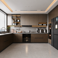 Meubles de cuisine français modernes, écologiques, sur mesure, avec portes en verre LED cintrées et réfrigérateur encastré