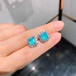 Factory Wholesale Vintage Jewelry Eco-friendly Copper Silver Plated Princess Cut Green Zircon Square Halo <b>Stud</b> <b>Earring</b> for Women - Product Image 2