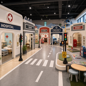 Aire de jeux intérieure pour enfants : Mini-ville de jeu de rôle (Hôpital, Police, Bureau de Poste, Piste routière) pour Projet FEC - Product Image 1