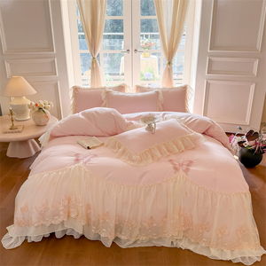 Parure <span class=keywords><strong>de</strong></span> lit brodée papillon à bordure dentelle en tissu lavé, style princesse coréenne, drap-housse à volants, couvre-lit à volants, housse <span class=keywords><strong>de</strong></span> couette à volants - Product Image 2