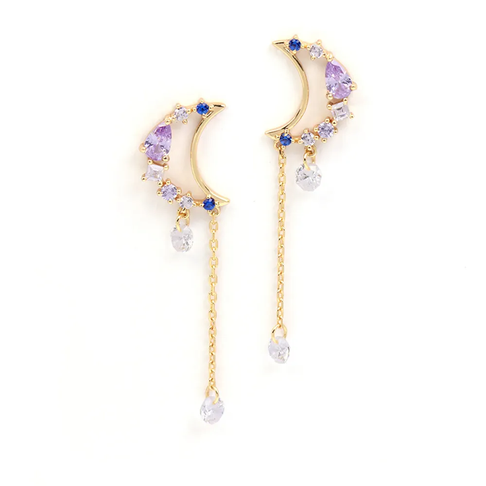 Custom Moissanite 925 Sterling Silver 14K Gold Plated Gemstone Blue Spinel Moon Tassel Earrings