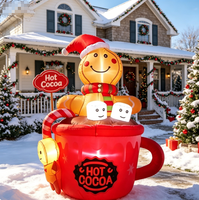 Homme en pain d'épices gonflable de Noël de 1,80 m dans une tasse de chocolat chaud avec guimauves et lumières LED, décoration de jardin extérieure pour les fêtes