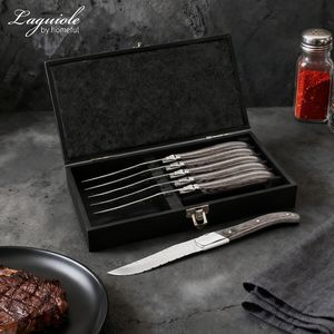 Couteau <span class=keywords><strong>Laguiole</strong></span> en acier inoxydable martelé personnalisé avec manche en bois de Pakka, couteau à dîner et à steak de 4 pouces, finition mate, ensemble de couverts - Product Image 2