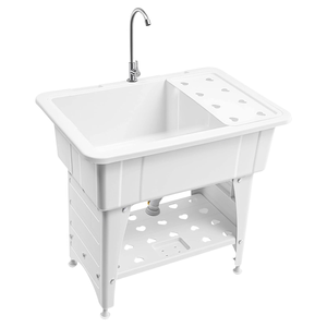 <span class=keywords><strong>Bac</strong></span> de lavage robuste en plastique PP avec planche à laver intégrée, évier utilitaire sur pied et étagère de rangement pour salle de bain, balcon, garage, buanderie - Product Image 1