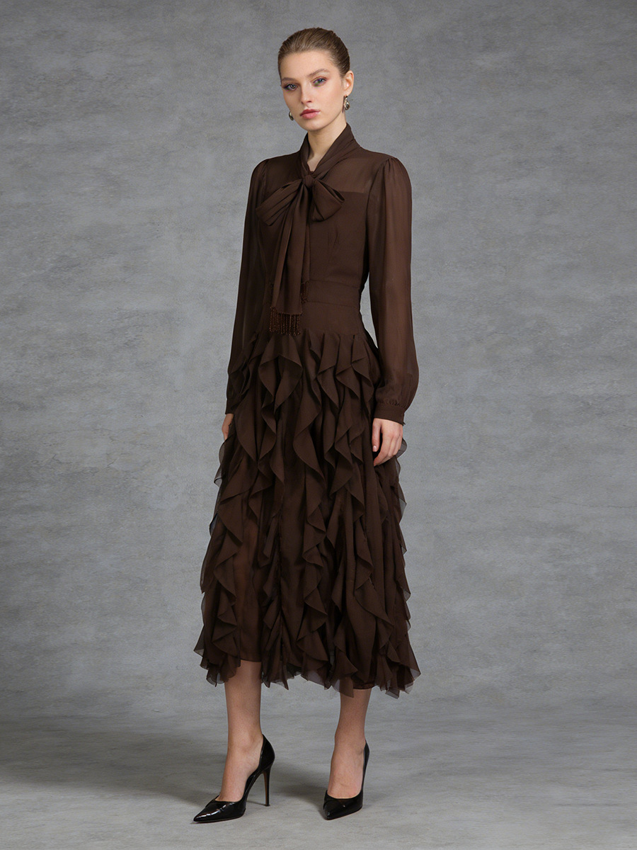 Womens Elegant Brown Chiffon Ruffle Maxi Dress Long Sleeve Pussy Bow Tie Neck Tiered Formal Cocktail Party Gown Womens Elegant Brown Chiffon Ruffle Maxi Dress Long Sleeve Pussy Bow Tie Neck Tiered Formal Cocktail Party Gown