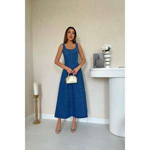 Robe fourreau en jean bleu col rond respirante pour femme, longueur midi - Product Image 5