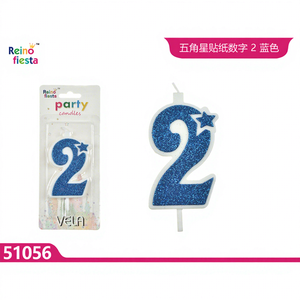 Bougie en cire de paraffine sans parfum, bleue pailletée, avec motif étoile, décorative pour mariages, emballée en boîte, numéro 2, Joyeux Anniversaire - Product Image 1