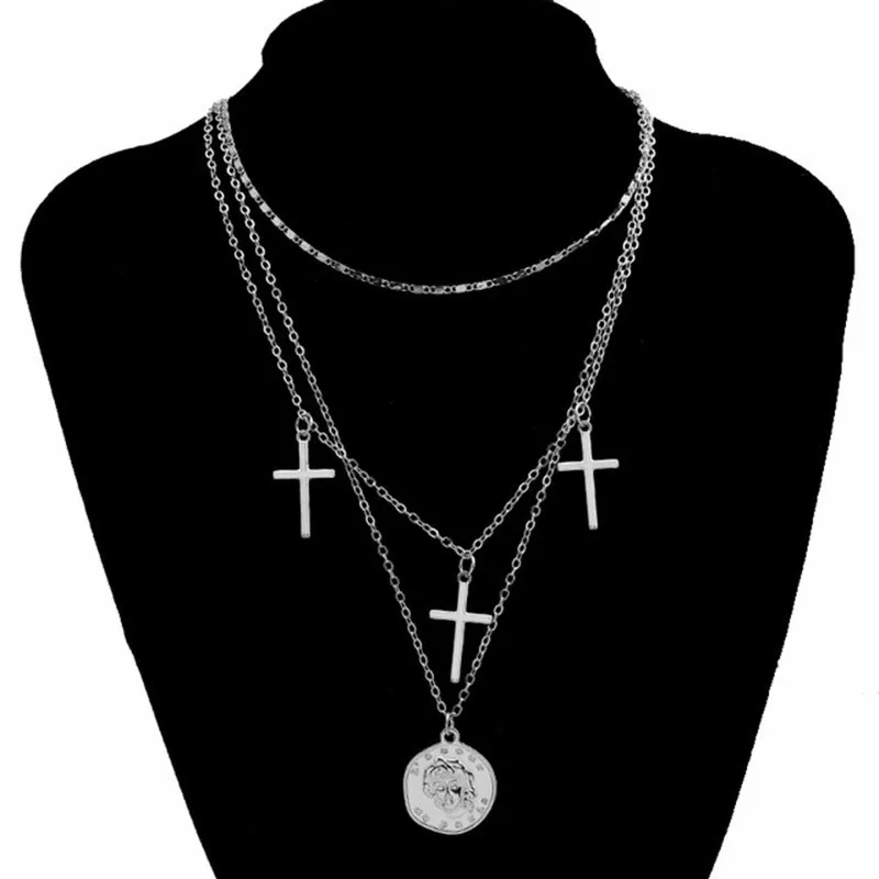 Shopify Drops hipping Gothic Layered Chunky Anhänger für Frauen Männer Goth Cross Dollar Choker Halskette