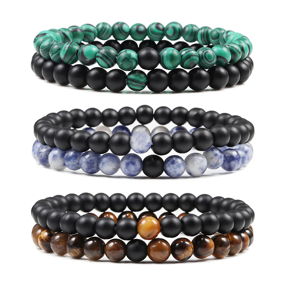 Set Bracelet Couples Distance Black White Natural Lava Stone Tiger Eye Beaded Yoga Bracelets for Men Women Elastic Rope Jewelry