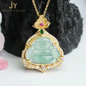 Gargantillas de Jade Maitreya Myanmar para mujer, collar con abalorio de piedra Real de Buda lleno de circón, piedra preciosa, colgantes de jadeíta de Birmania