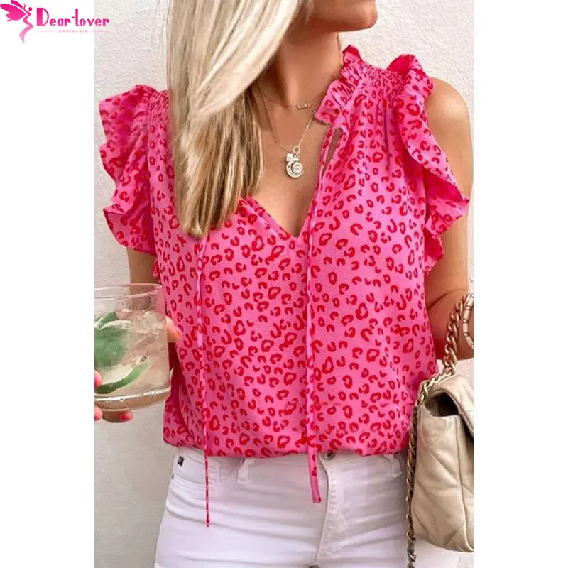 2023 Dear-Lover Summer Outfits Petal Sleeve Pink Leopard Print Woman Tops Fashionable Elegant Blouses For Womens