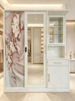 Armoire élégante en acier imprimé feuille de Ginkgo avec miroir et penderie, armoire métallique moderne à 2 portes coulissantes pour chambre à coucher