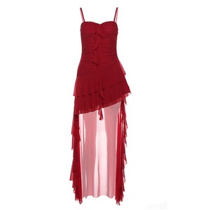 French Style Ruffled Asymmetric Slip Dress Spaghetti Strap Natural Waist Beach Party Casual Short Summer Dress - Product Image 5